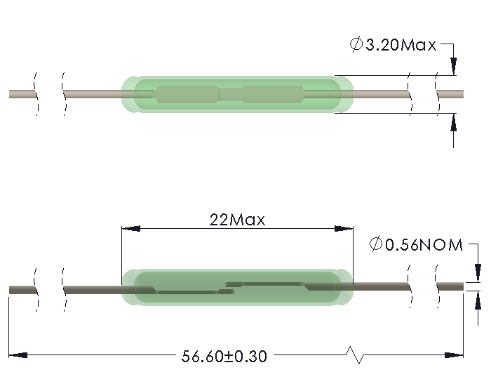 Drawing of HB-2232 High Breakdown Voltage Reed Switch