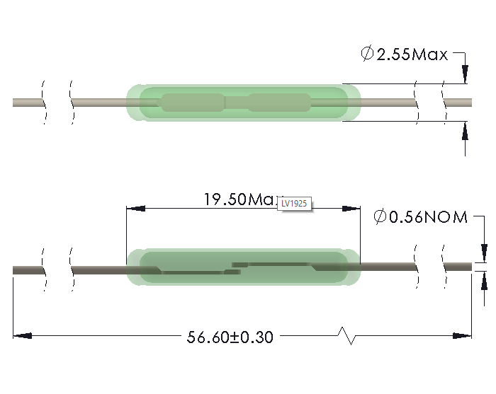Drawing of LV-1925 Line Voltage Reed Switch with Full Length Leads