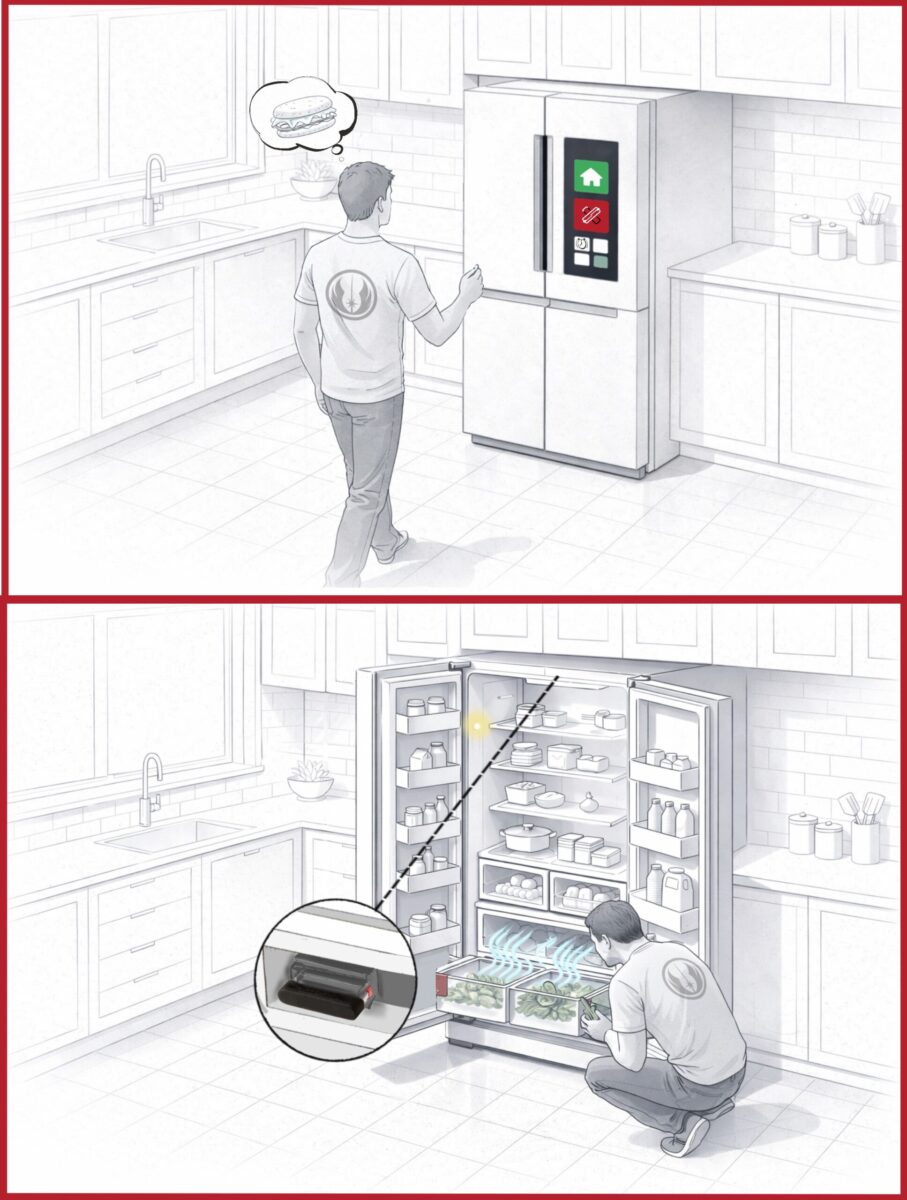 Kitchen setting with a smart fridge