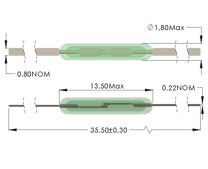 Drawing of RM-1318 Reed Switch with Full Length Leads