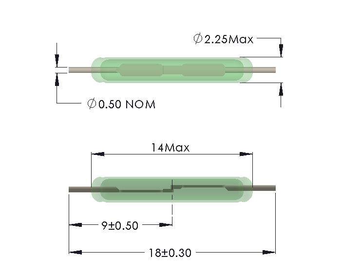 Drawing of SM-1322 Reed Switch for Soldering