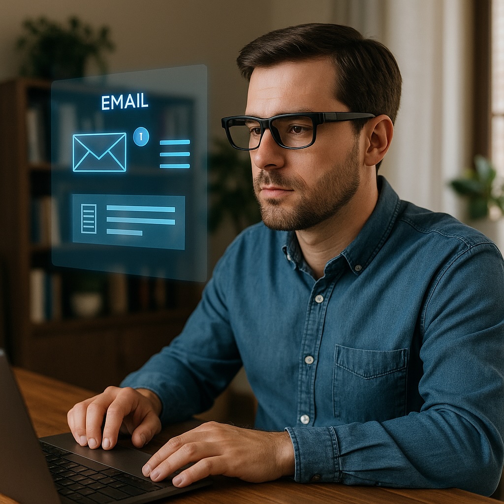 person wearing smart glasses in a home office