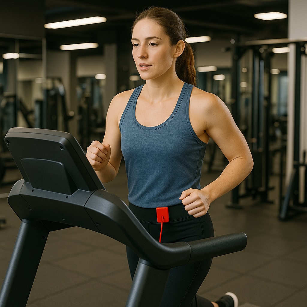 women on a treadmill using a safety plug harness